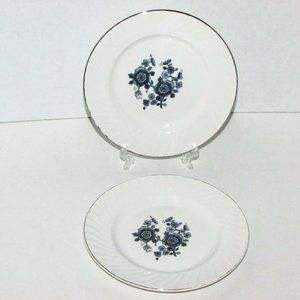 2 WEDGWOOD ROYAL BLUE Bread Plates Silver Rim Vintage Floral